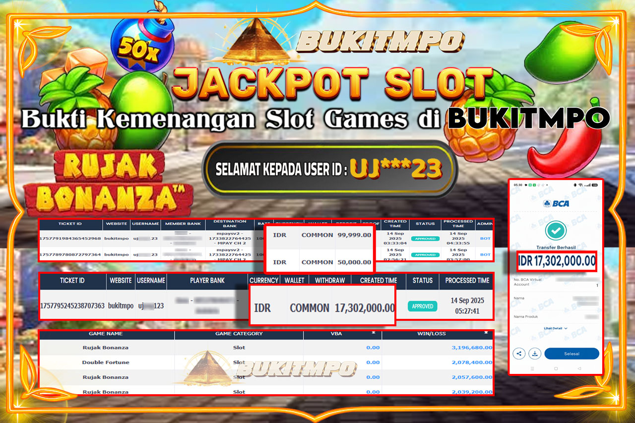 BUKITMPO JACKPOT RUJAK BONANZA - PRAGMATIC PLAY  Rp.17.302.000,- LUNAS